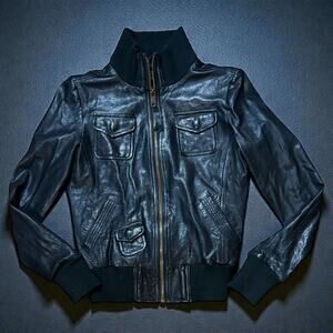 Vintage Fossil Y2K Leather Biker Jacket Womens Black Bomber Grunge Punk Size S